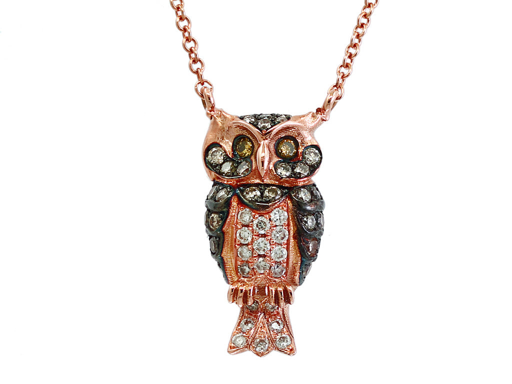 E.H. Collection Owl Necklace, Round Diamond 0.28 cttw H-I-Brown SI2-I1, 14K Rose Gold