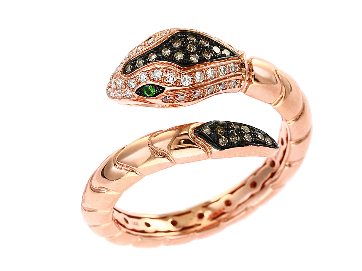 E.H. Collection Ring, Round Diamond 0.23 cttw White-Espresso, 2 Round Tsavorite 0.02 cttw, 14K Rose Gold 