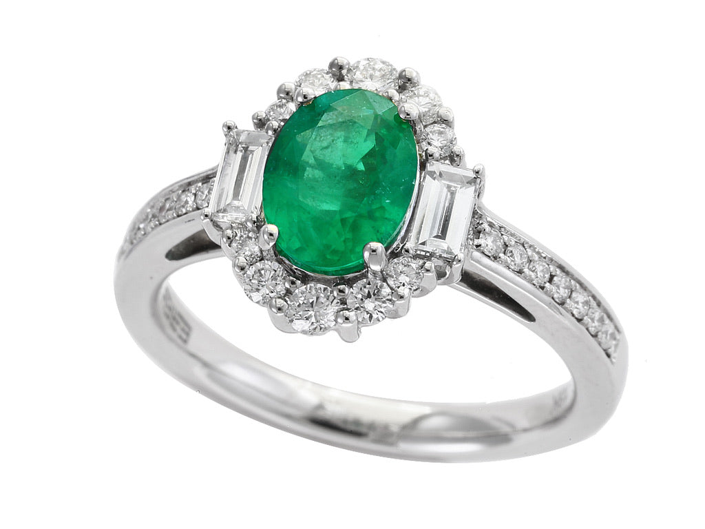 E.H. Collection Ring, Diamond 0.53ct H-I SI, 1 Oval Emerald 0.99ct, 18K White Gold