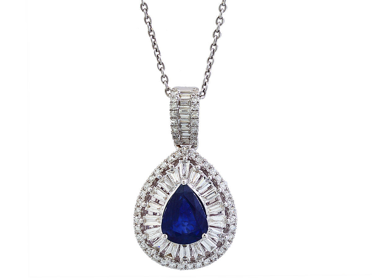 E.H. Collection Pendant w/ Chain, 1 Pear Shape Sapphire 1.05 ct, Mixed Diamond 0.55 cttw, 14K White Gold