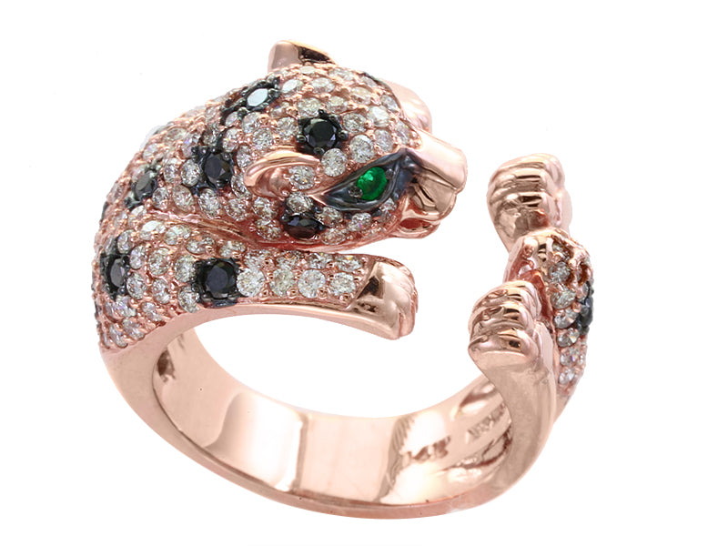 E.H. Collection Ring, Round Diamond 1.74 cttw White-Black, 2 Round Emerald 0.04 cttw, 14K Rose Gold