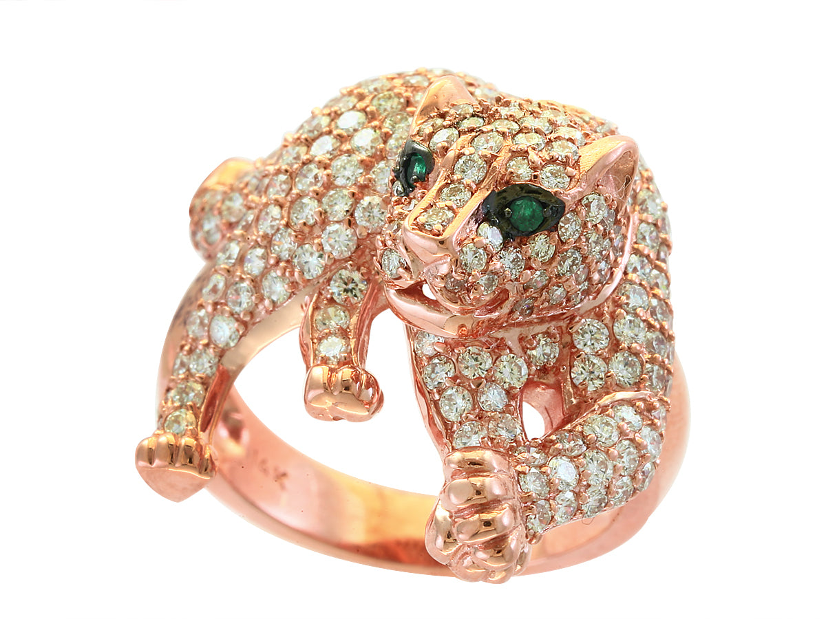 E.H. Collection Ring, Round Diamond 2.16 cttw, 2 Round Emerald 0.50 cttw, 14K Rose Gold 