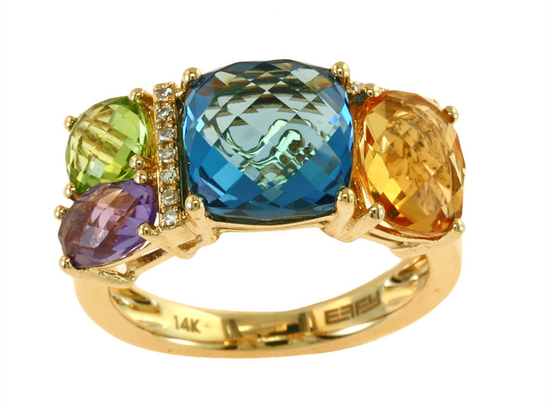 E.H. Collection Ring, 7 Round Diamond 0.05 cttw H-I SI2-I1, Amethyst/London Blue Topaz/Citrine/Peridot 7.70cttw, 14K Yellow Gold