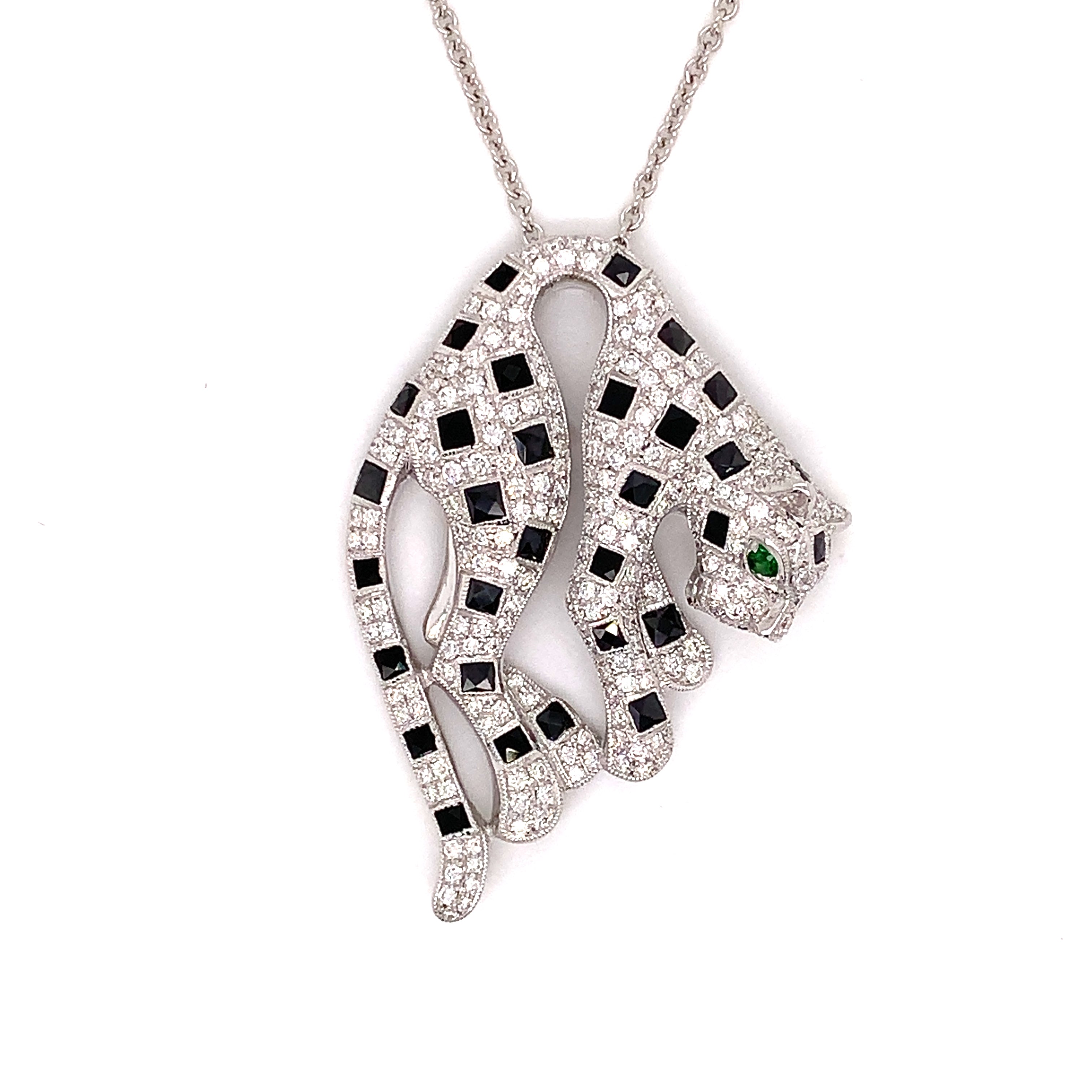 Panther Pendant w/ Chain, Round Diamond 2.01 cttw G-H VS1-SI1, Onyx 0.79 cttw, 1 Tsavorite 0.05 ct, 18K White Gold 9.66g