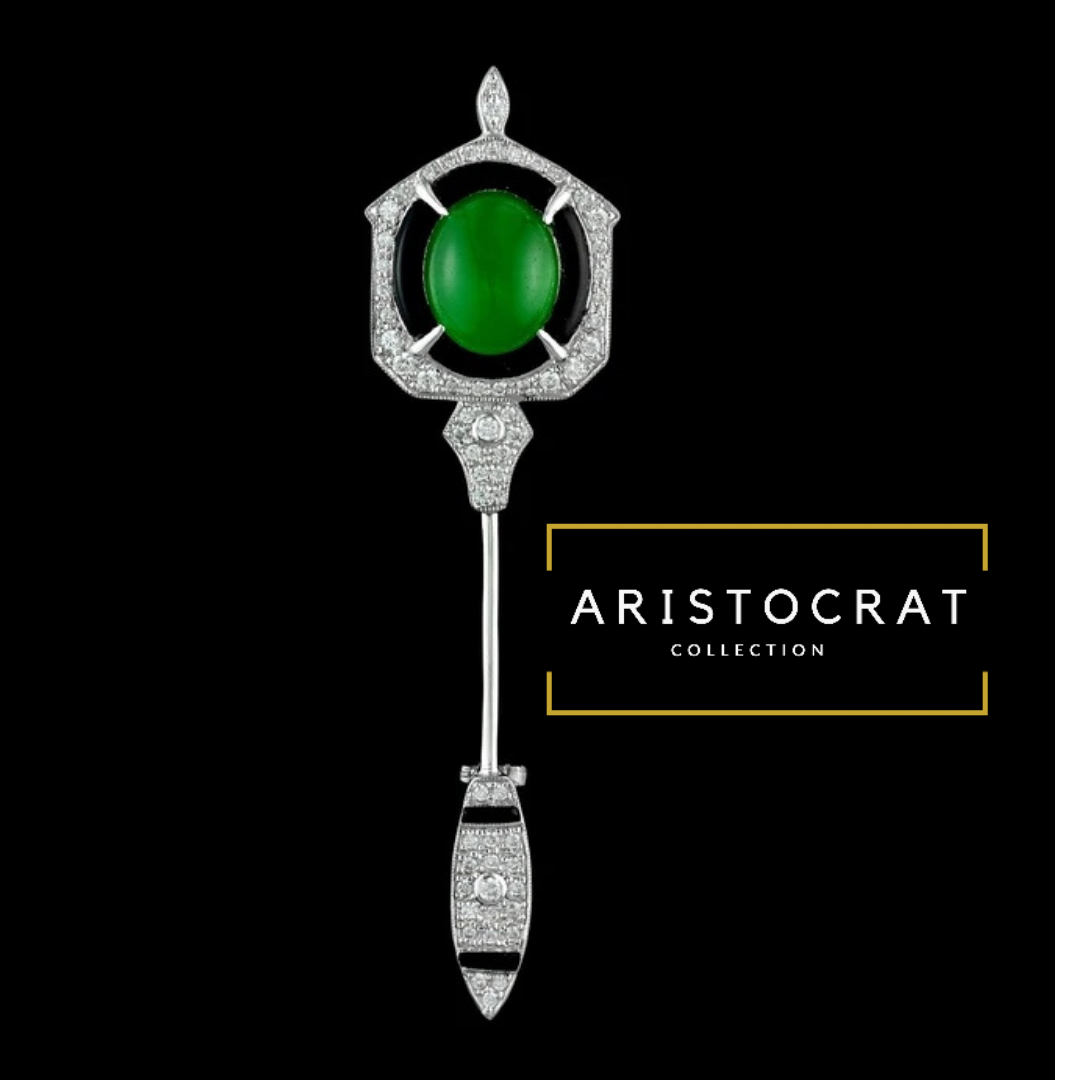 Aristocrat Brooch/Pendant, 61 Round Diamond 0.84 cttw G-H VS-SI, 1 Onyx 1.07 ct, 1 Jade 9.40 ct, 14K White Gold 5.42g