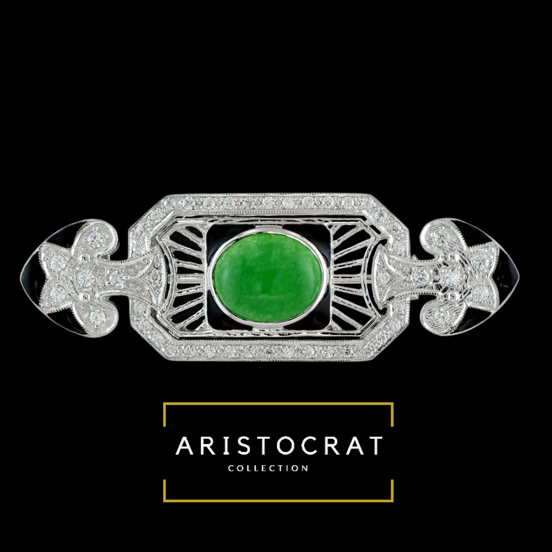 Aristocrat Brooch, 48 Round Diamond .87cttw G-H VS-SI, 1 Oval Jade 4.35ct, 14K White Gold 9.59g