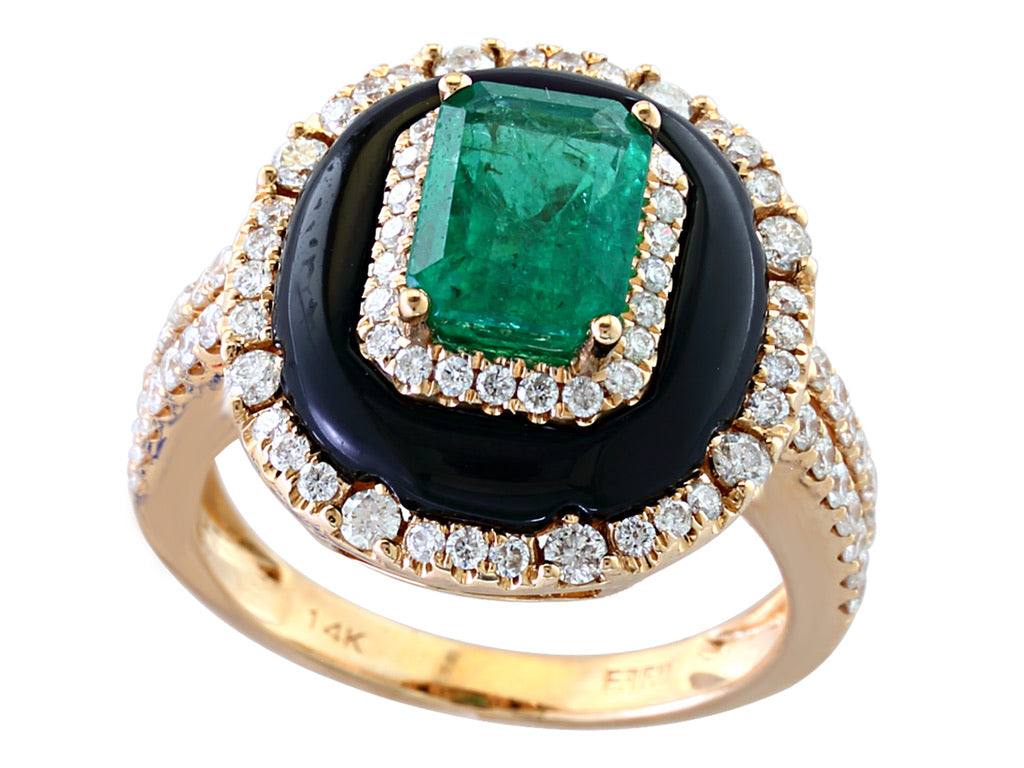 E.H. Collection Ring, Diamond 0.72ct H-I SI2-I1, Emerald/Onyx 1.42ct, 14K Yellow Gold