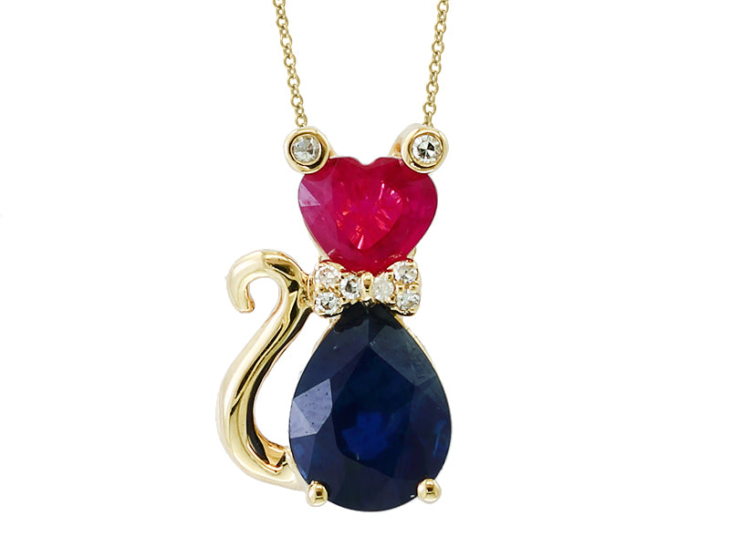 E.H. Collection Pendant w/ Chain, 8 Round Diamond 0.03 cttw, 1 Heart Shape Ruby 0.62 ct, 1 Pear Shape Sapphire 1.00 ct, 14K Yellow Gold