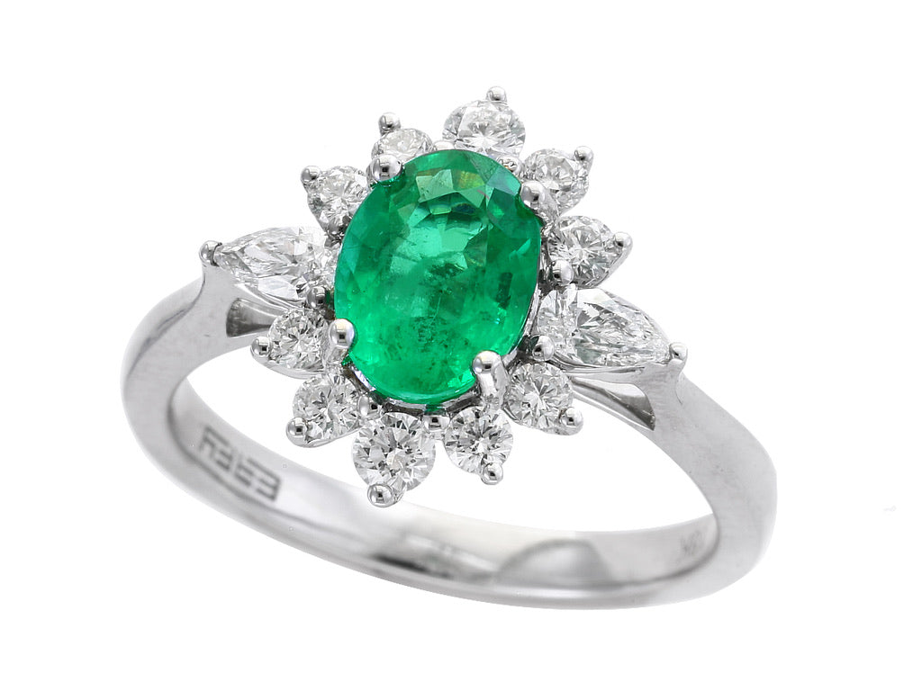 E.H. Collection Ring, Diamond 0.59ct H-I SI, Emerald 0.99ct, 18K White Gold