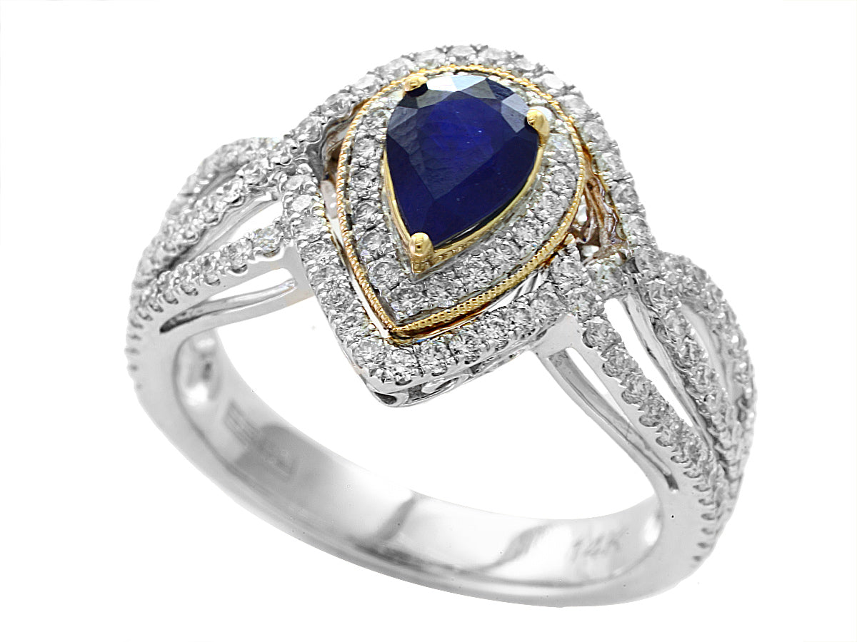 E.H. Collection Ring, 1 Pear Shape Sapphire 0.71 ct, Round Diamond 0.73 cttw, 14K White/Yellow Gold