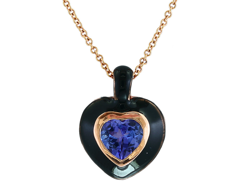 E.H. Collection Pendant w/ Chain, 1 Heart Shape Tanzanite 0.71ct, Black Enamel, 14K Rose Gold