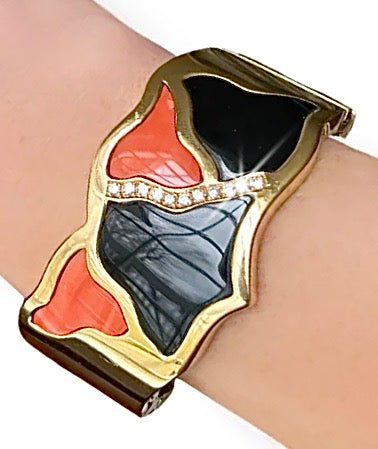 Italian Estate Bangle, Freeform Coral and Onyx, Round Diamond 0.55 cttw F-G VS1-SI1, 18K Yellow Gold 97.00g