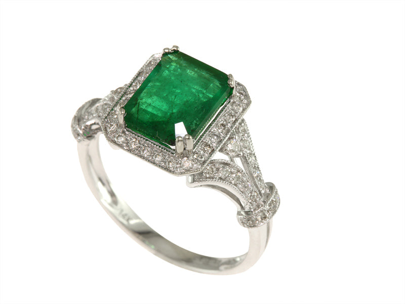 E.H. Collection Ring, 1 Emerald Cut Emerald 2.19 ct, Round Diamond 0.35 cttw, 14K White Gold