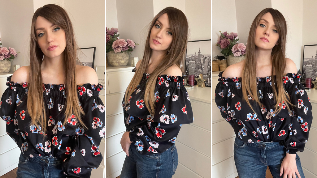 woman wearing a printed floral off shoulder top