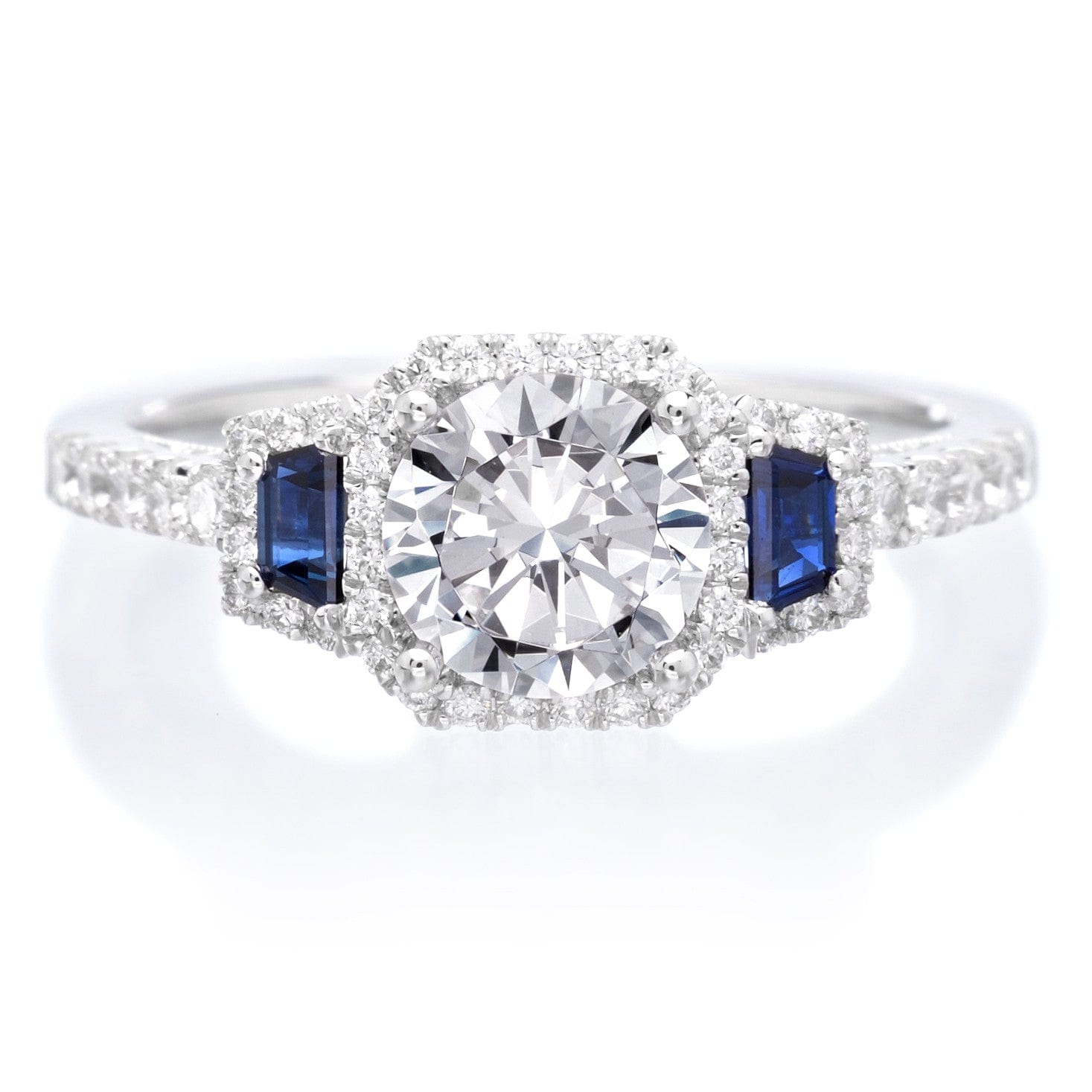18K White Gold Three-Stone Diamond and Blue Sapphire Engagement Ring ...