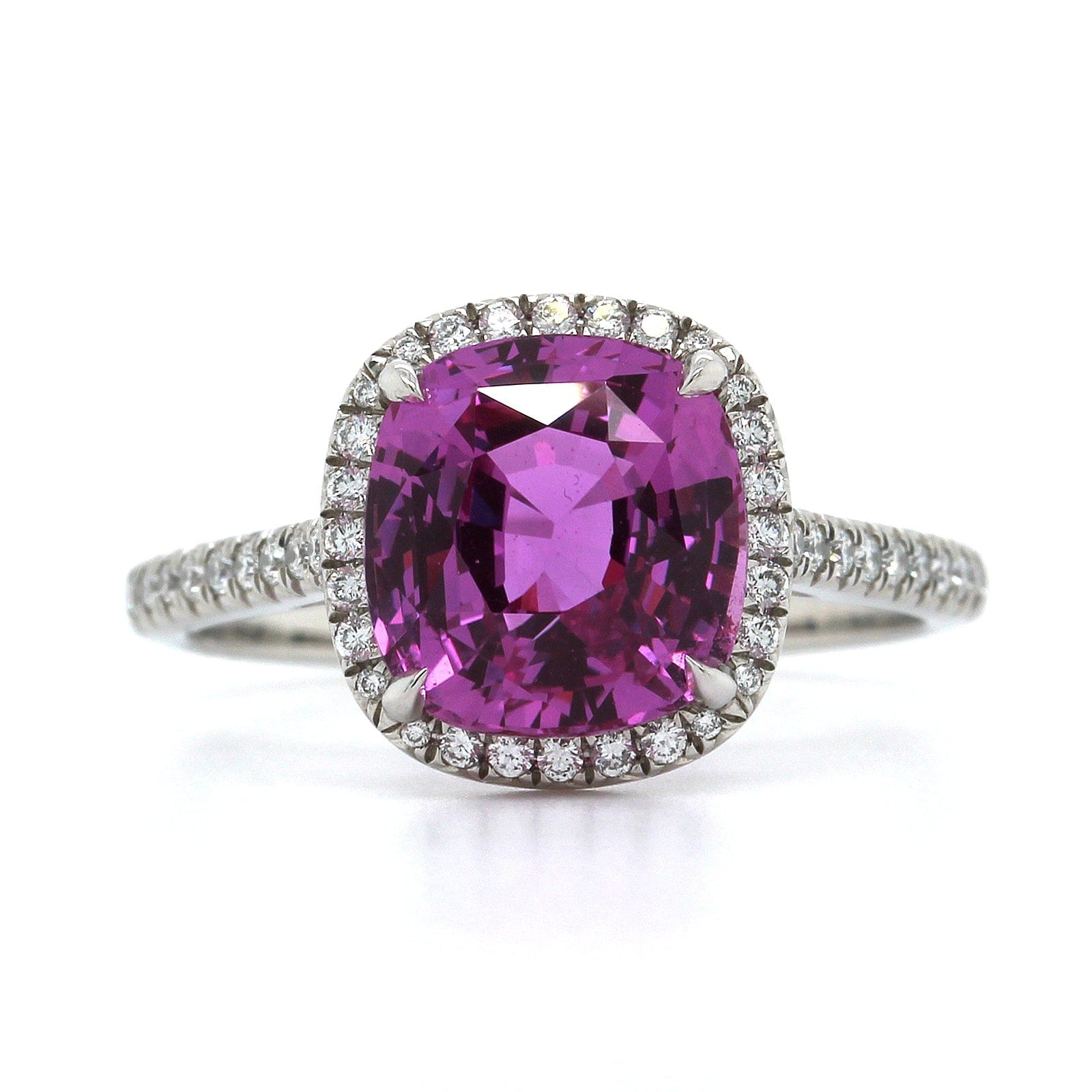 Platinum Cushion Pink Sapphire Diamond Halo Ring – Long's Jewelers