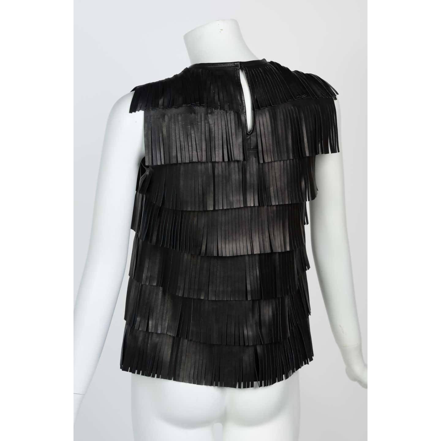 Pre-Owned PRADA Black Leather Fringe Sleeveless Top Spring 2007 | Size S - theREMODA