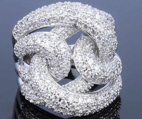 Big Silver Swirl Cocktail Dome Ring Micro Pave Set  Cz Diamond