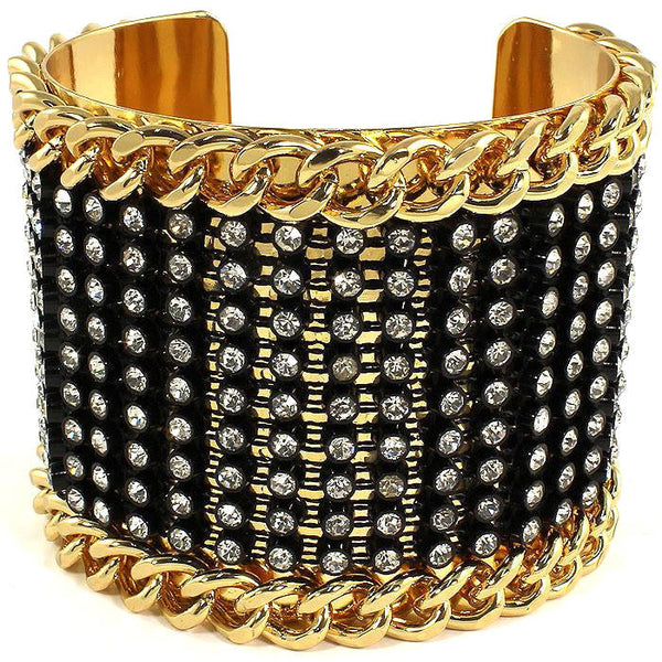 Pave Crystal Chain Link Bangle Cuff Bracelet Black Gold | mobcandystore