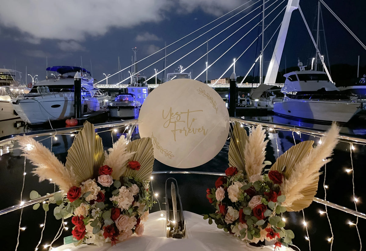 Romantic Yacht Proposal Decor in Singapore with Fairylight Backdrop, Pastel Balloons and Flowers by Style It Simply