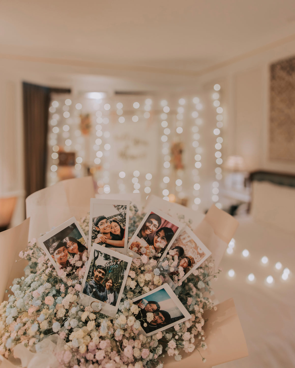 Romantic Hotel Room Proposal Decor in Intercontinental Singapore with Fairylight Backdrop, Pastel Balloons and Flowers by Style It Simply