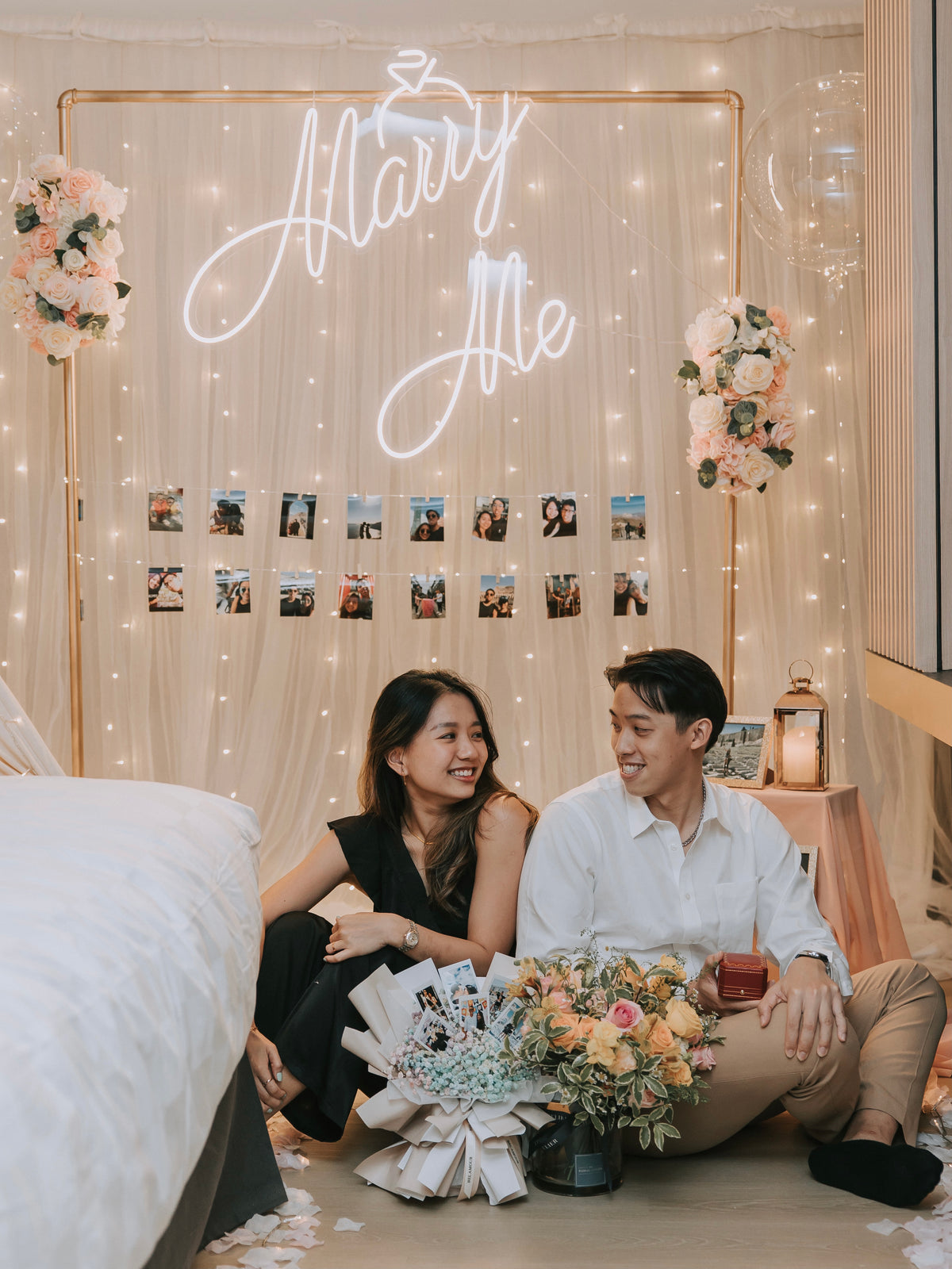 Romantic Hotel Room Proposal Decor in ParkRoyal Collection Marina Bay Singapore with Fairylight Backdrop, Pastel Balloons and Flowers by Style It Simply