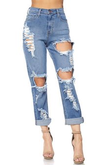 distressed high rise mom jeans