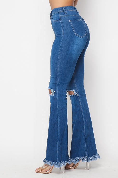 Super High Waisted Slit Distressed Bell Bottoms - Medium Denim ...