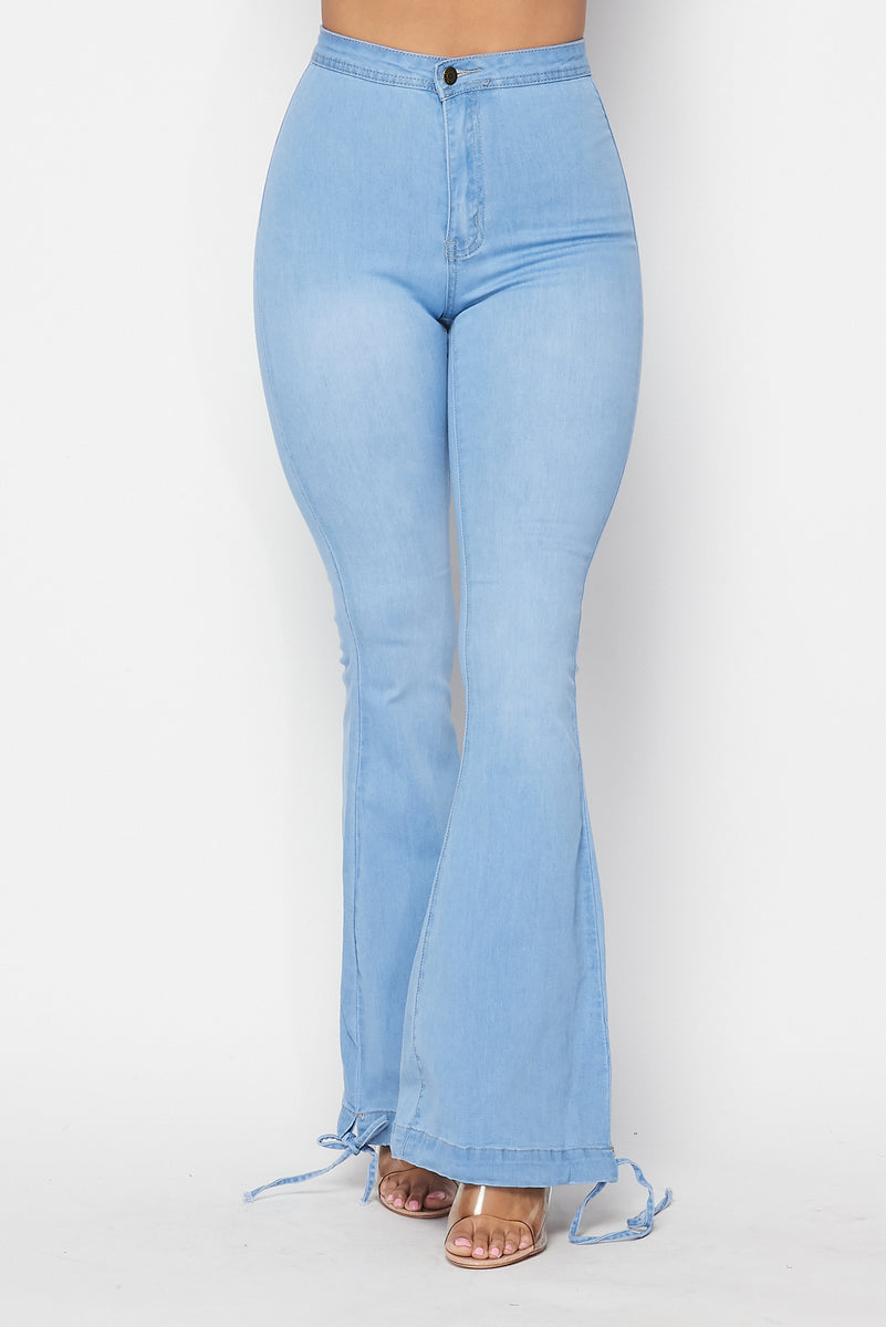 Super High Waisted Stretchy Drawstring Bell Bottoms - Light Denim ...