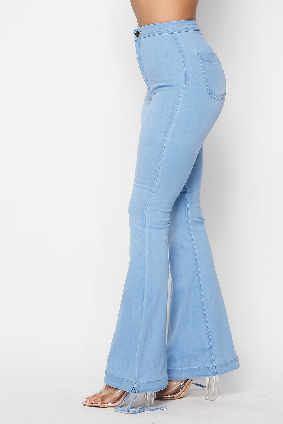 Super High Waisted Stretchy Drawstring Bell Bottoms - Light Denim ...