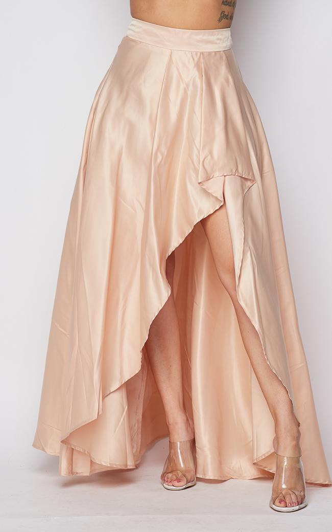 Satin Asymmetrical High Low Maxi Skirt Champagne