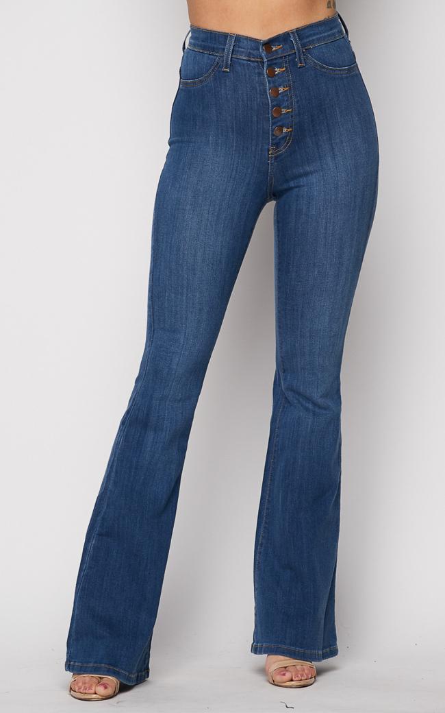 Vibrant Five Button Bell Bottom Jeans - Medium Wash – SohoGirl.com
