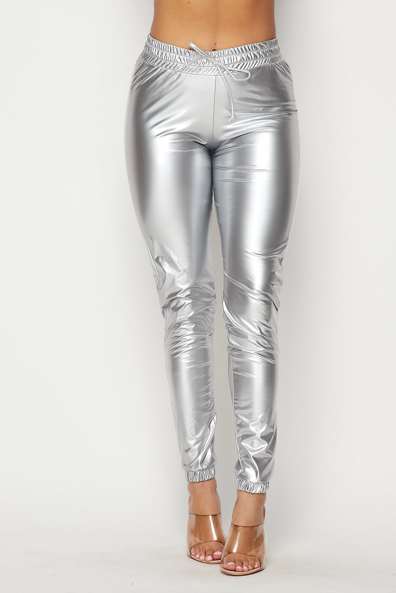 Faux Leather High Waisted Joggers Pants in Metallic Sliver – SohoGirl.com