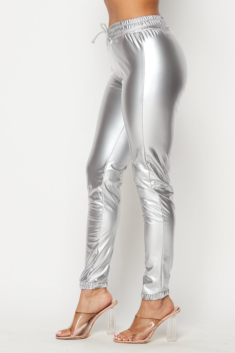 Faux Leather High Waisted Joggers Pants in Metallic Sliver – SohoGirl.com