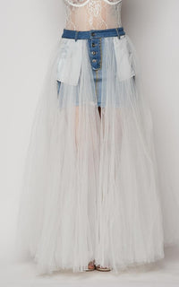 denim skirt with tulle overlay