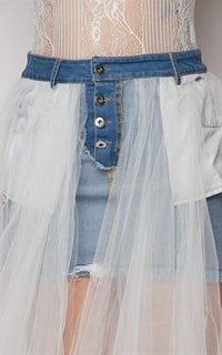denim skirt with tulle overlay