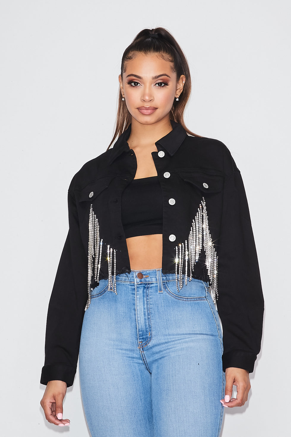 Cropped Embellished Pocket Denim Jacket - Black – SohoGirl.com