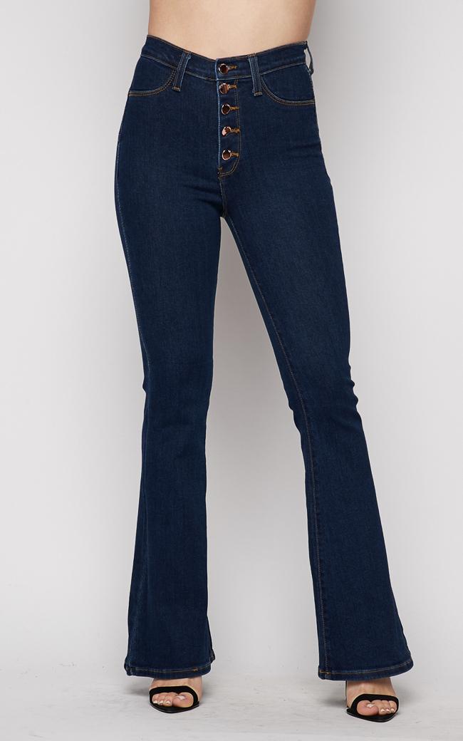 Vibrant Tall Bell Flare Button Fly Denim Jeans in Dark Wash – SohoGirl.com