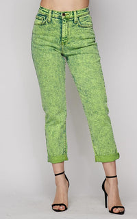 Vibrant Acid Wash Mom Jeans in Green 