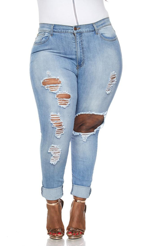 Plus Size High Waisted Distressed Skinny Jeans in Blue – SohoGirl.com