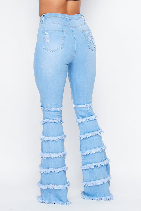 High Waisted Distress Flare Jeans W/ Multi Frays - Light Denim ...