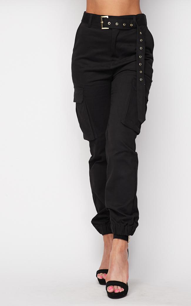 Belted High Waist Cargo Jogger Pants - Black – SohoGirl.com