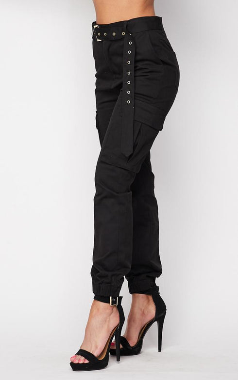 Belted High Waist Cargo Jogger Pants - Black – SohoGirl.com