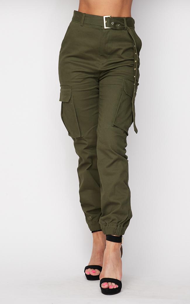 Belted High Waist Cargo Jogger Pants - Olive – SohoGirl.com