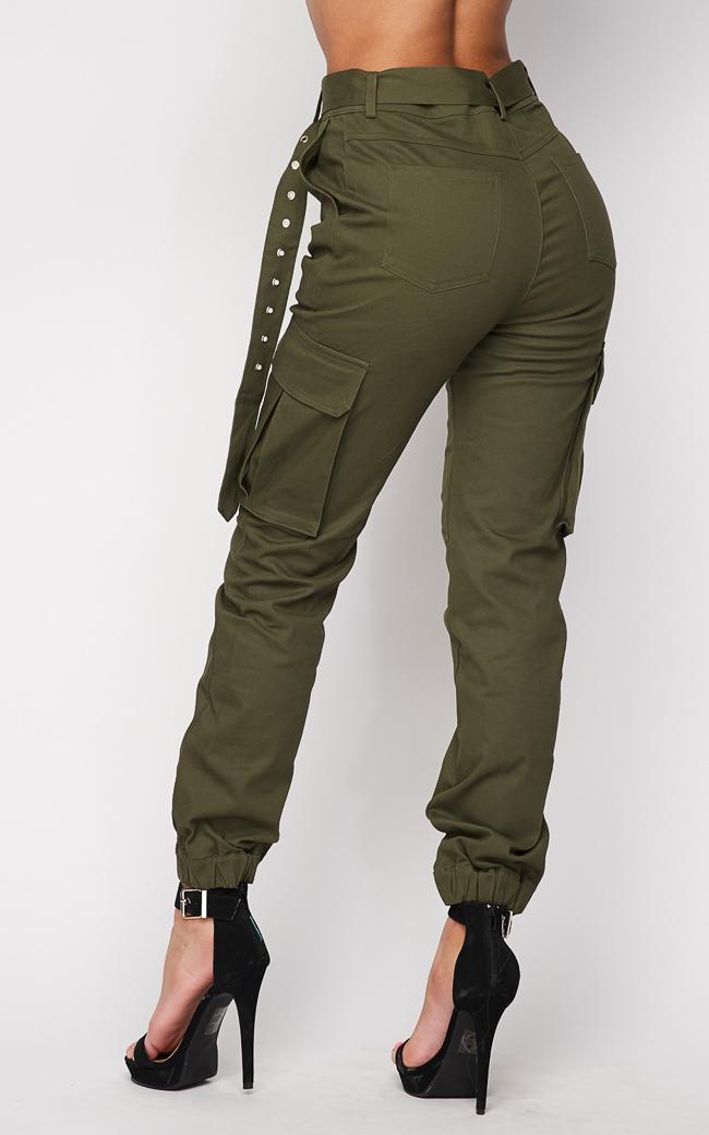 Belted High Waist Cargo Jogger Pants - Olive – SohoGirl.com
