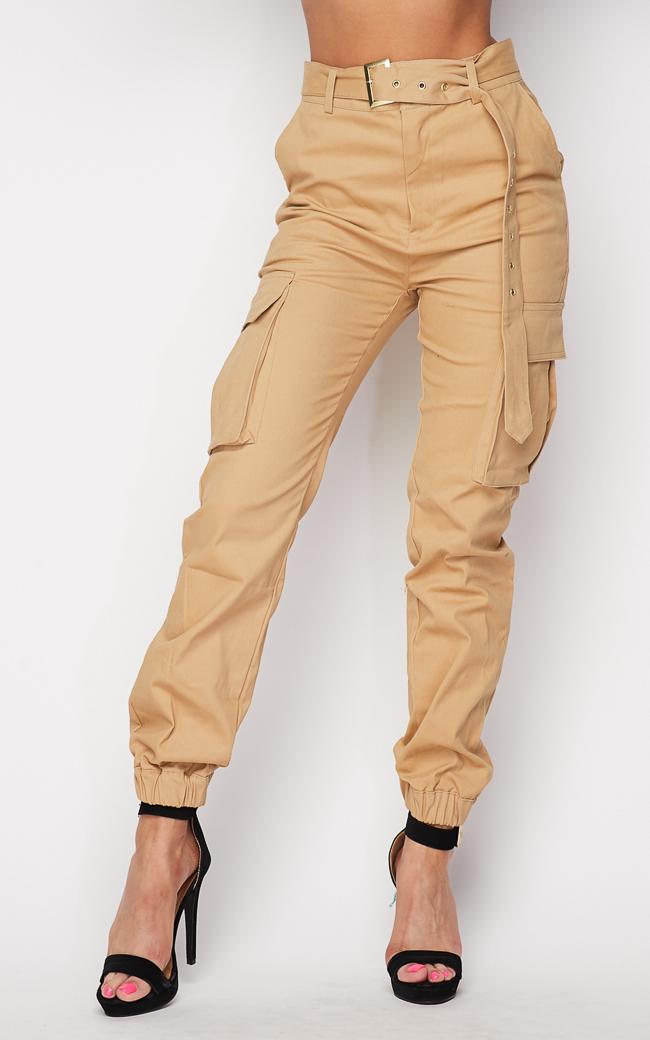 Belted High Waist Cargo Jogger Pants - Khaki – SohoGirl.com