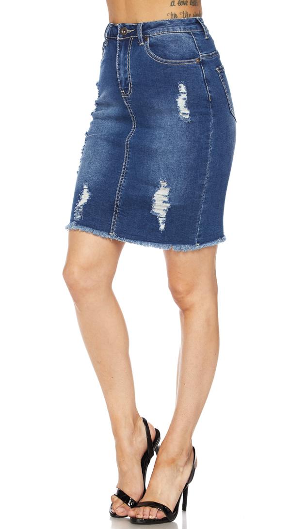 Distressed Stretch Denim High Waisted Pencil Skirt | SohoGirl.com