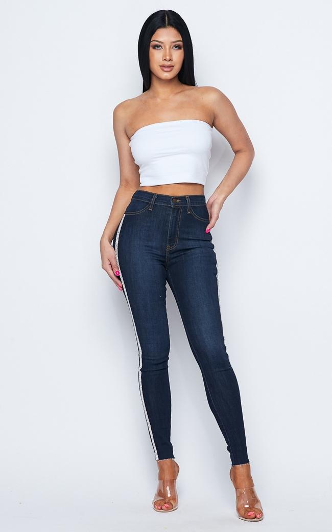 Rhinestone Stripe High Waisted Denim Skinny Jeans Dark Denim 8110