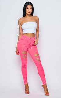 Distressed Ankle High Waisted Jeans - Neon Pink – SohoGirl.com