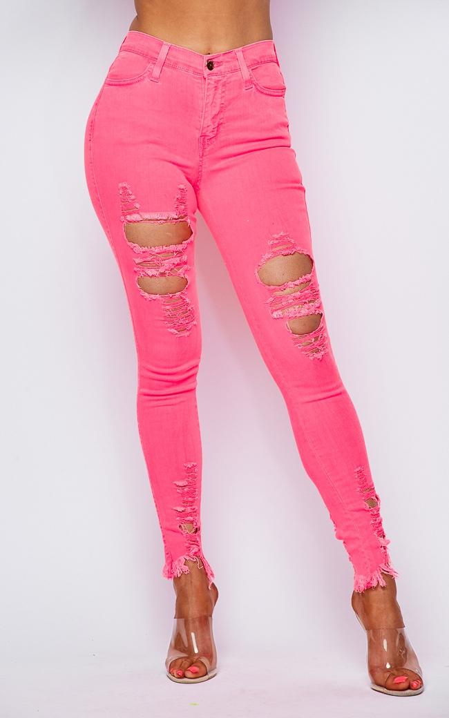Distressed Ankle High Waisted Skinny Jeans - Neon Pink – SohoGirl.com